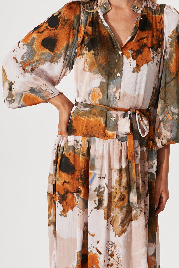 Pippa Maxi Dress In Grey With Rust Print Chiffon - detail