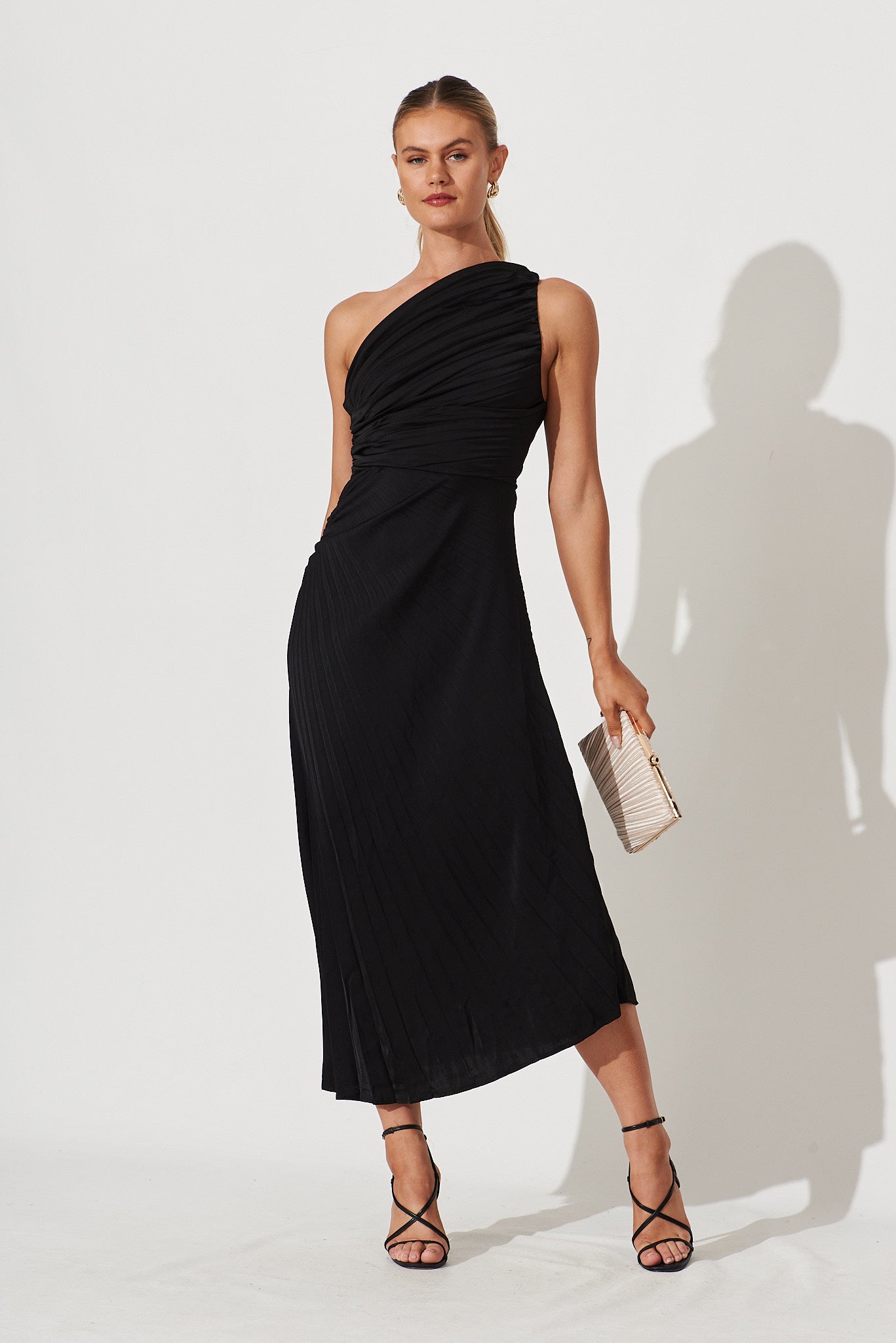 Toulon One Shoulder Maxi Dress Black | St Frock Pleated Satin Occasion Dress Toulon One Shoulder Maxi Dress Black | St Frock Pleated Satin Occasion Dress
