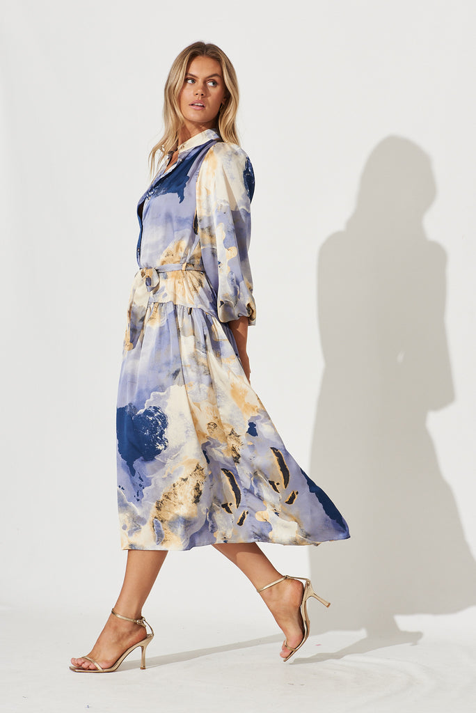 Pippa Maxi Dress In Blues With Beige Print Satin - side