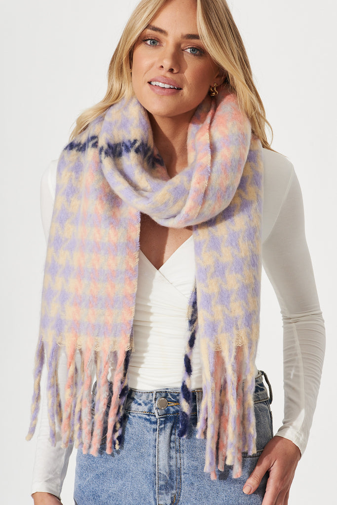 August + Delilah Tanya Knit Scarf In Pink And Purple Houndstooth - front
