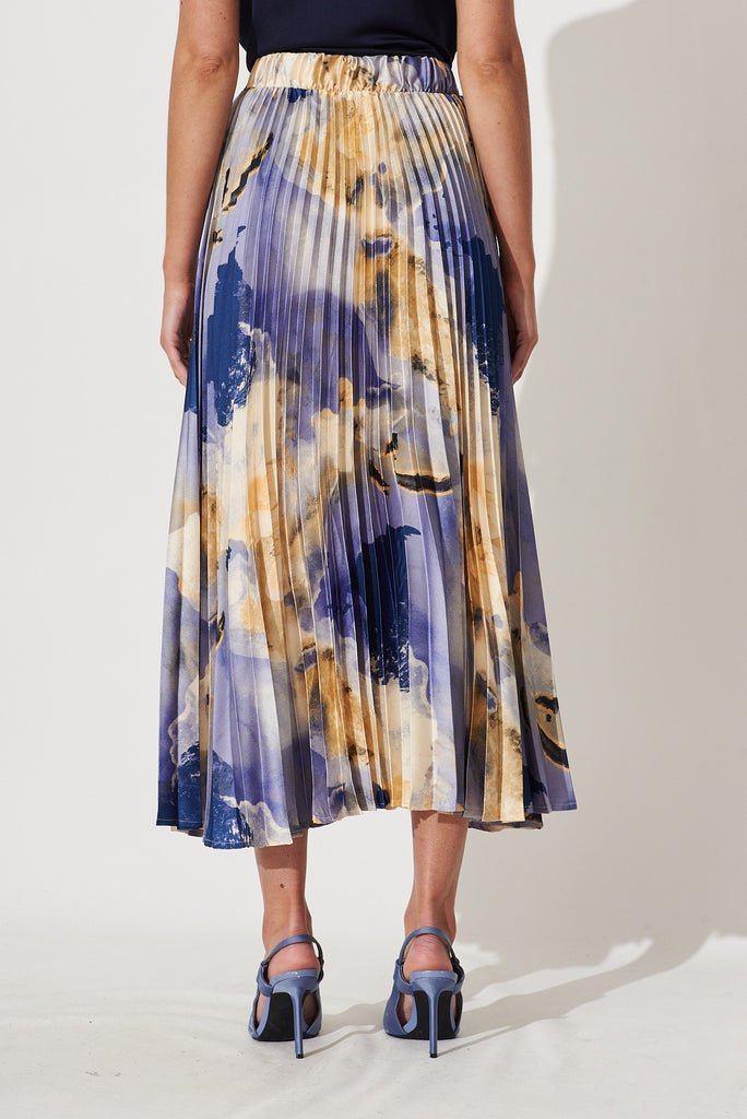 Allison Midi Pleat Skirt In Blue With Beige Print Satin - back