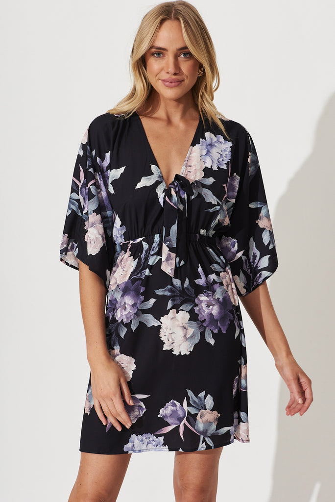 Ava Dress In Black With Purple Floral - front