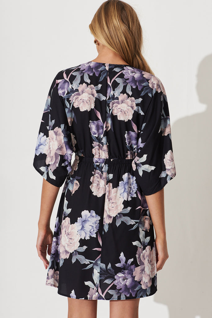 Ava Dress In Black With Purple Floral - back
