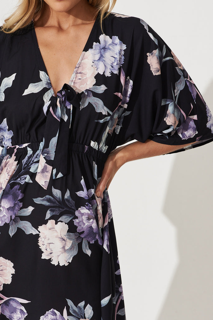 Ava Dress In Black With Purple Floral - detail