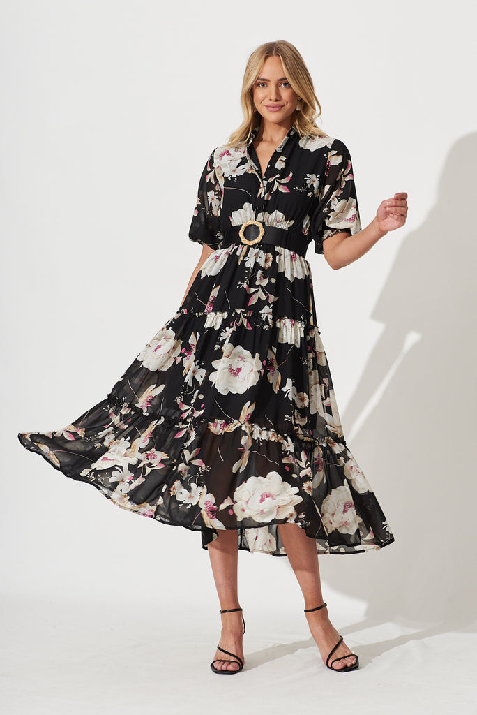 Brittney Midi Dress In Black Floral Chiffon - full length
