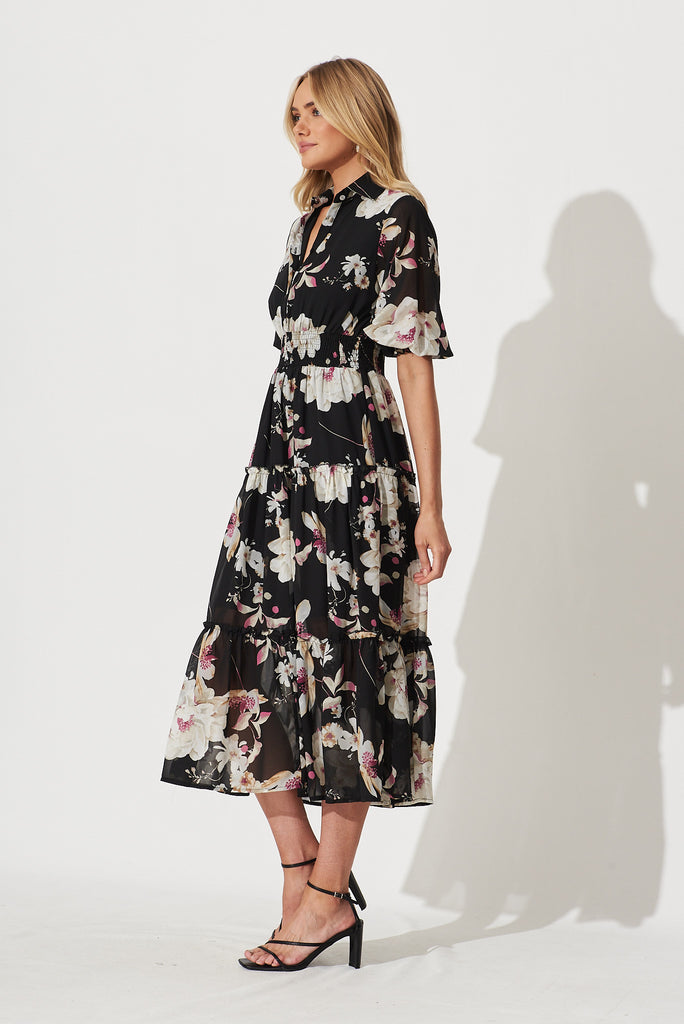 Brittney Midi Dress In Black Floral Chiffon - side