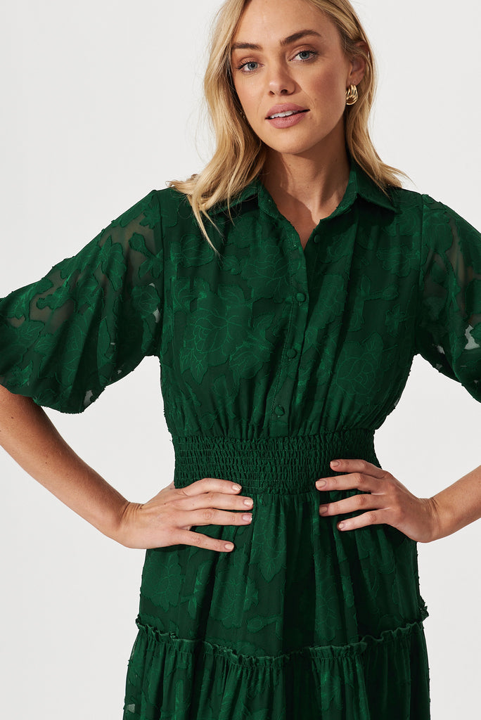 Brittney Midi Dress In Emerald Burnout Chiffon - detail