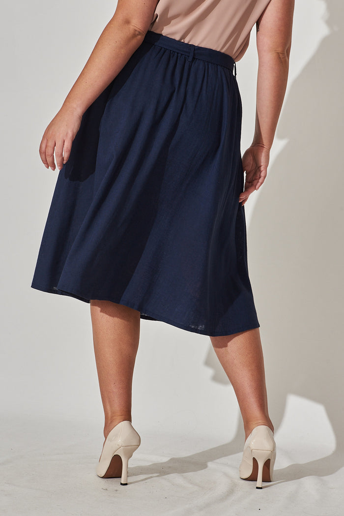 Bailey Midi Skirt In Navy Linen - back