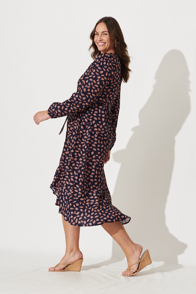 Mabo Midi Dress In Navy With Rust Leaf - side