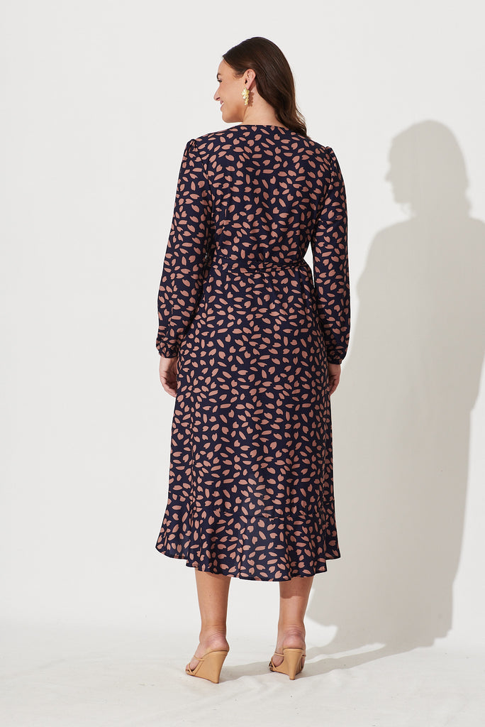 Mabo Midi Dress In Navy With Rust Leaf - back