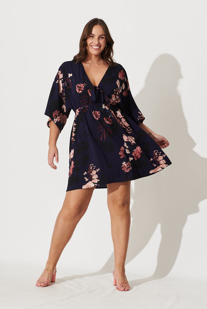 Ava Dress In Navy With Pink And Blush Floral - full length