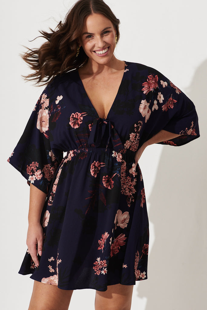Ava Dress In Navy With Pink And Blush Floral - front