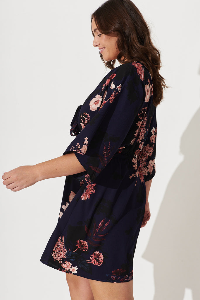 Ava Dress In Navy With Pink And Blush Floral - side
