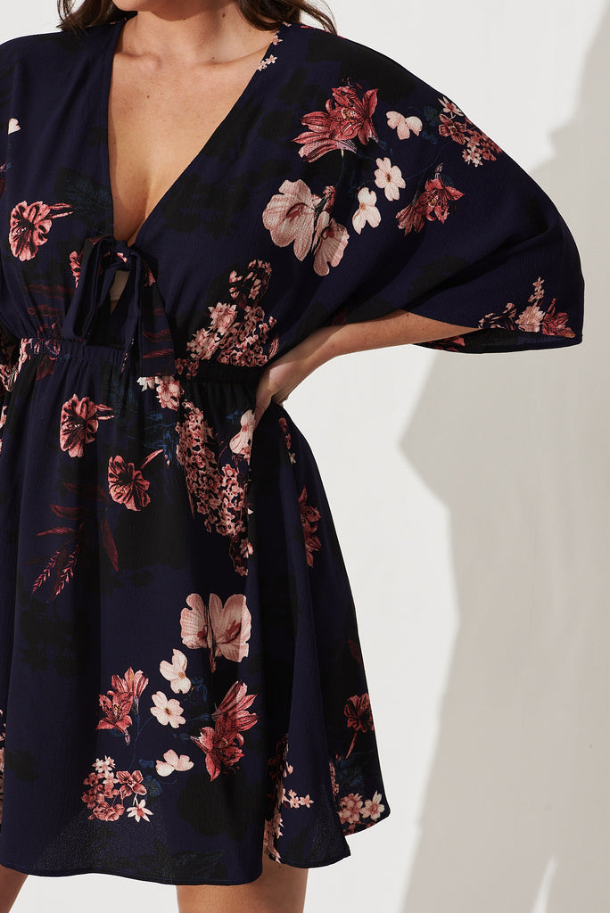 Ava Dress In Navy With Pink And Blush Floral - detail
