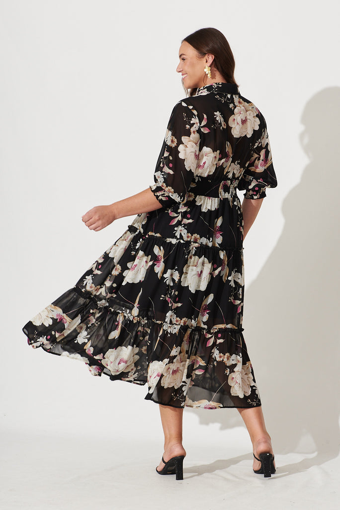 Brittney Midi Dress In Black Floral Chiffon - back