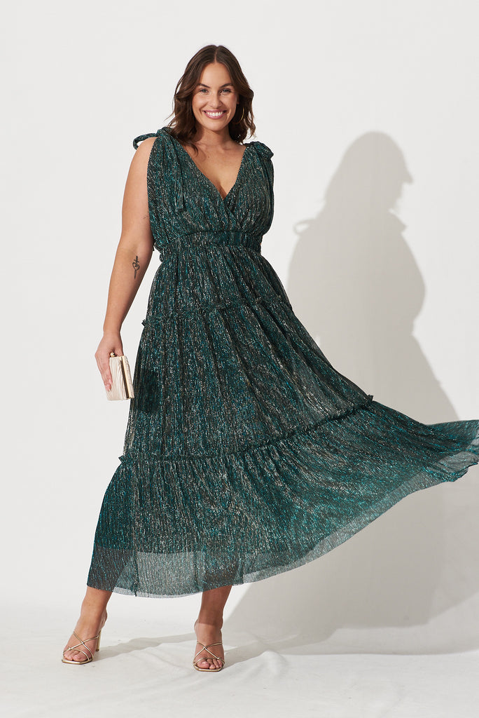 Annetta Maxi Dress In Emerald Lurex - full length