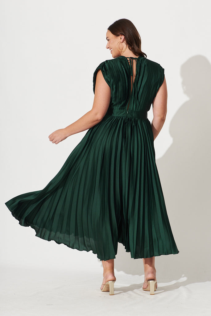 Anetta Midi Dress In Pleated Emerald Satin - back
