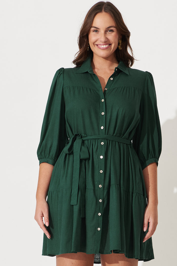 Pearsona Shirt Dress In Emerald Linen Blend - front