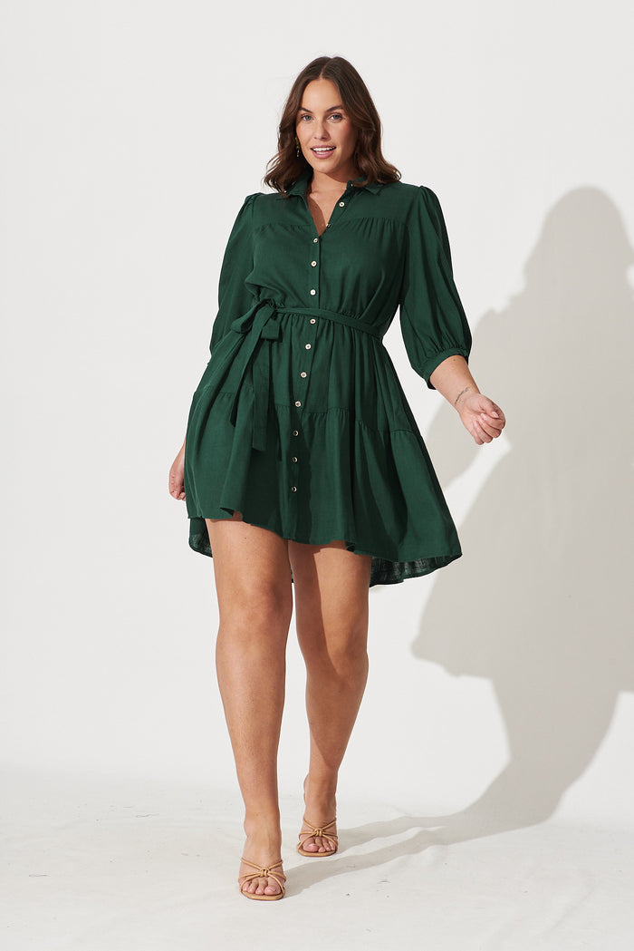 Pearsona Shirt Dress In Emerald Linen Blend - full length