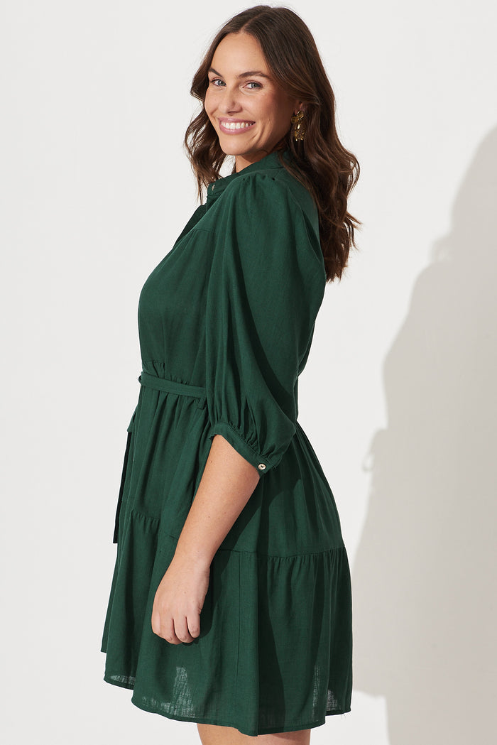 Pearsona Shirt Dress In Emerald Linen Blend - side