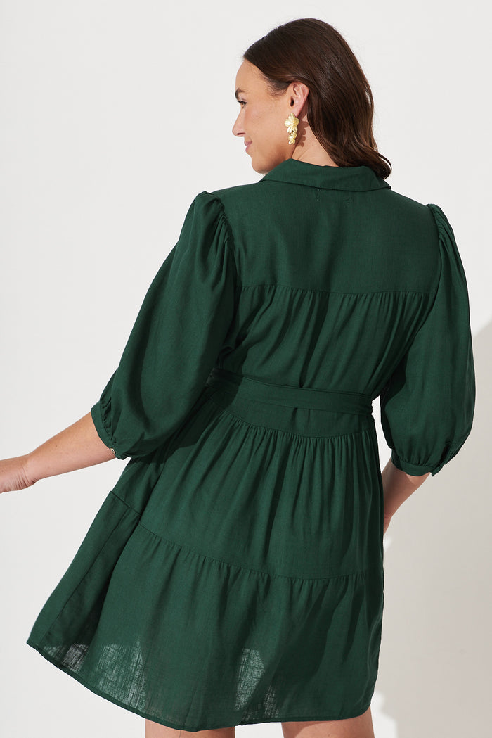Pearsona Shirt Dress In Emerald Linen Blend - back
