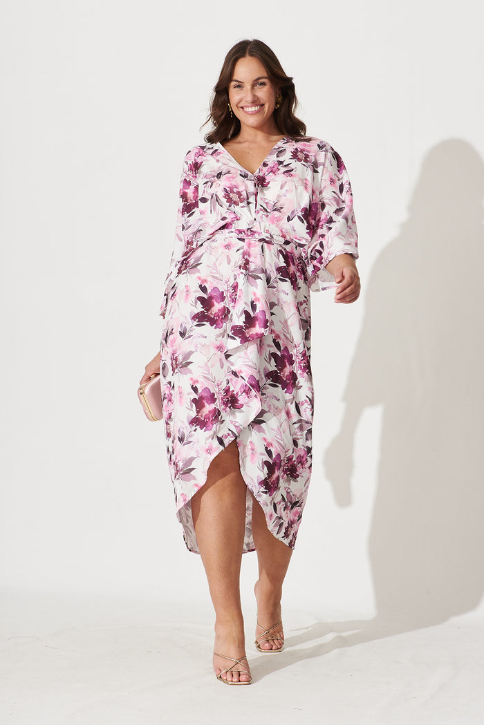 Joyful Dress In White With Pink Floral Satin - full length