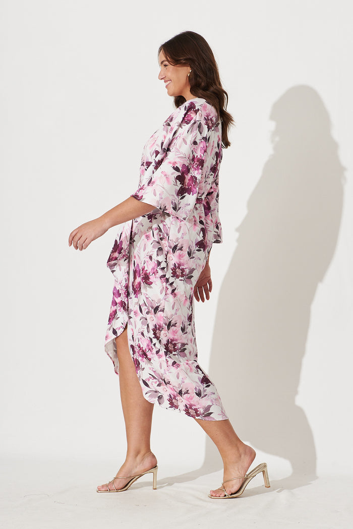 Joyful Dress In White With Pink Floral Satin - side