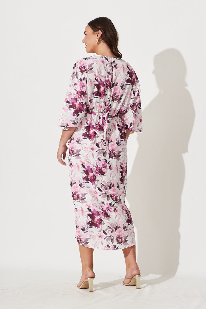 Joyful Dress In White With Pink Floral Satin - back