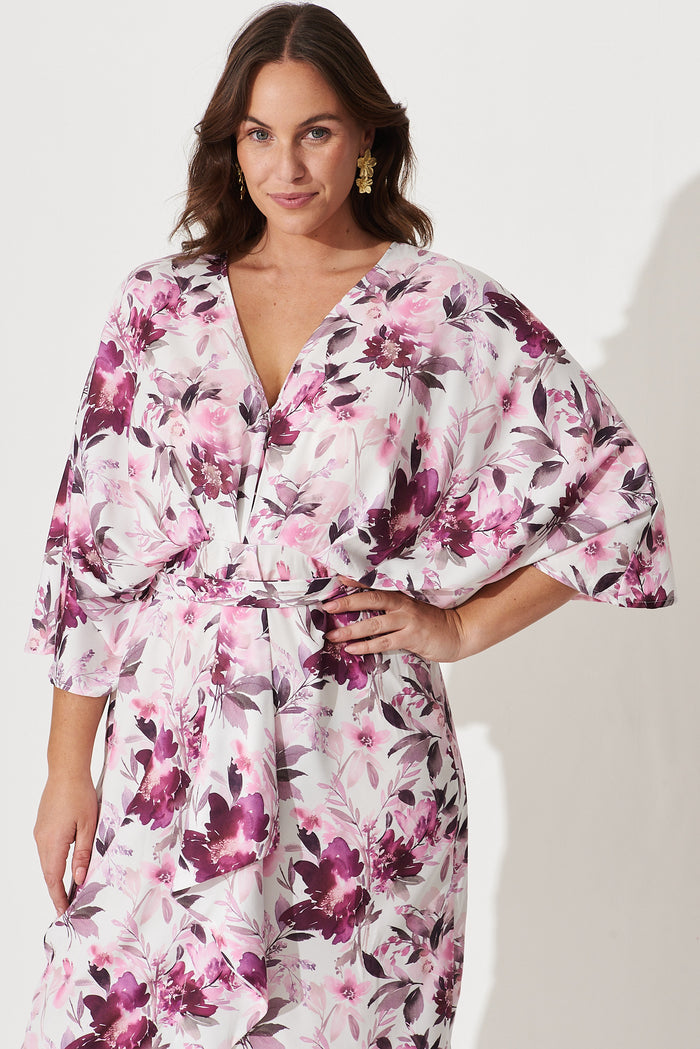 Joyful Dress In White With Pink Floral Satin - front