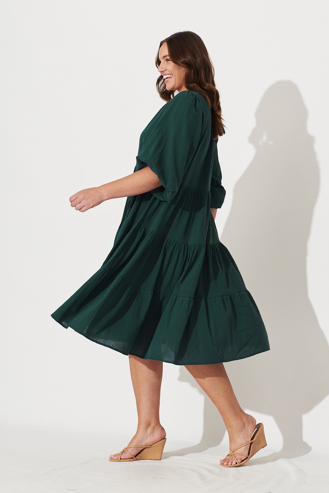 emerald green smock dress Puff Sleeve Organza Midi Dress - Smock Style