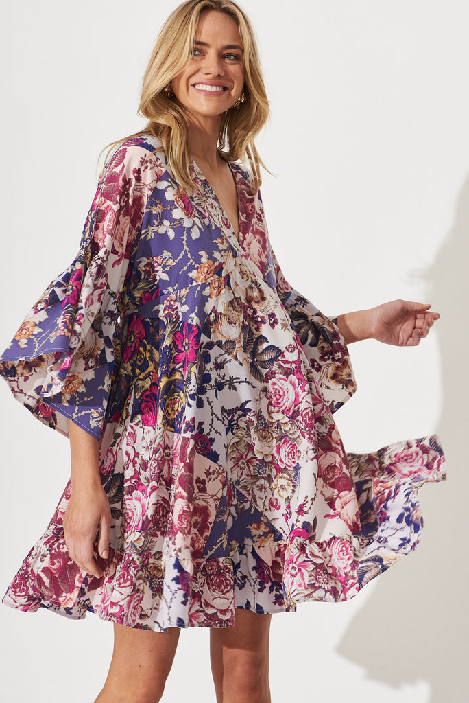 Skylar Dress In Lilac Patchwork Floral Print - front