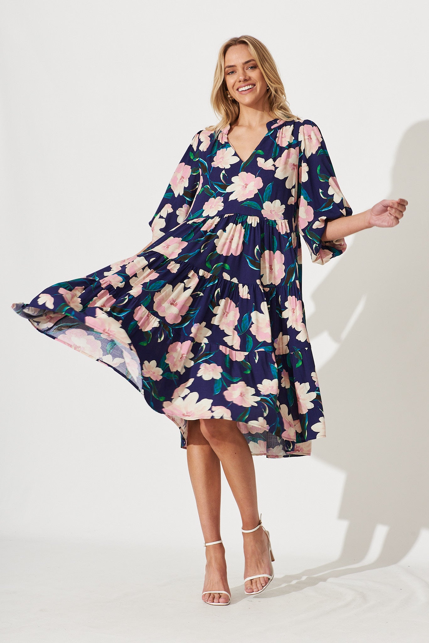Kehlana Tiered Midi Dress In Navy With Blush Floral - full length