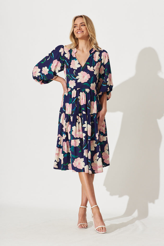 Kehlana Tiered Midi Dress In Navy With Blush Floral - full length