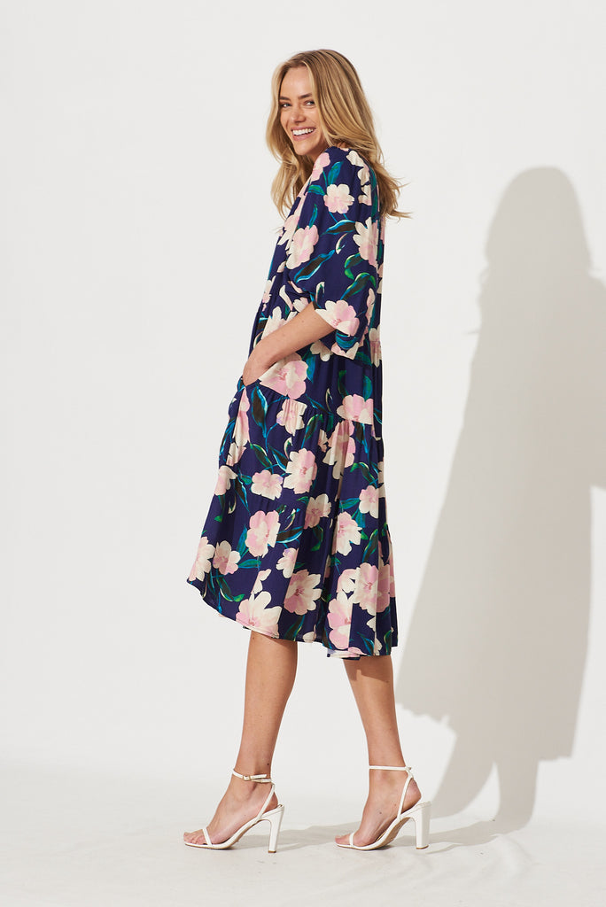 Kehlana Tiered Midi Dress In Navy With Blush Floral - side
