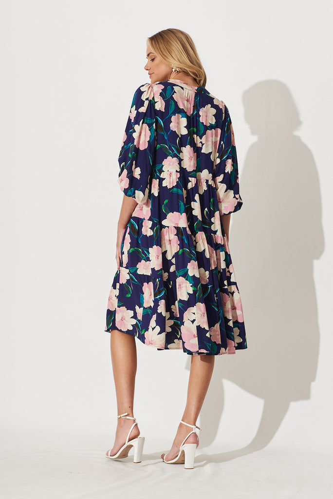 Kehlana Tiered Midi Dress In Navy With Blush Floral - back
