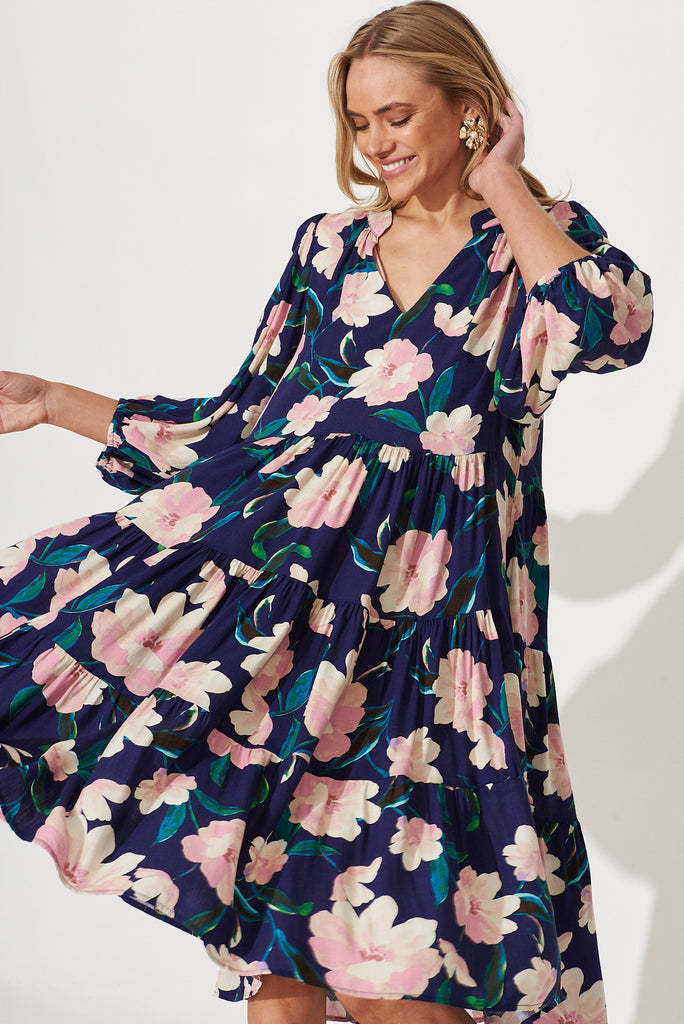 Kehlana Tiered Midi Dress In Navy With Blush Floral - front