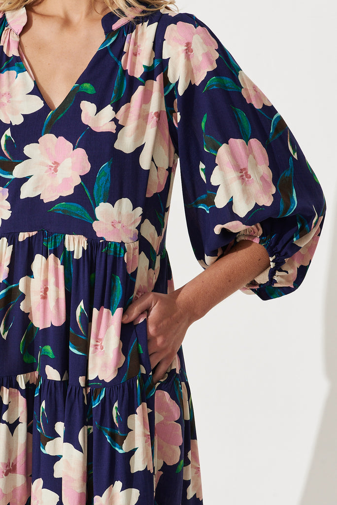 Kehlana Tiered Midi Dress In Navy With Blush Floral - detail