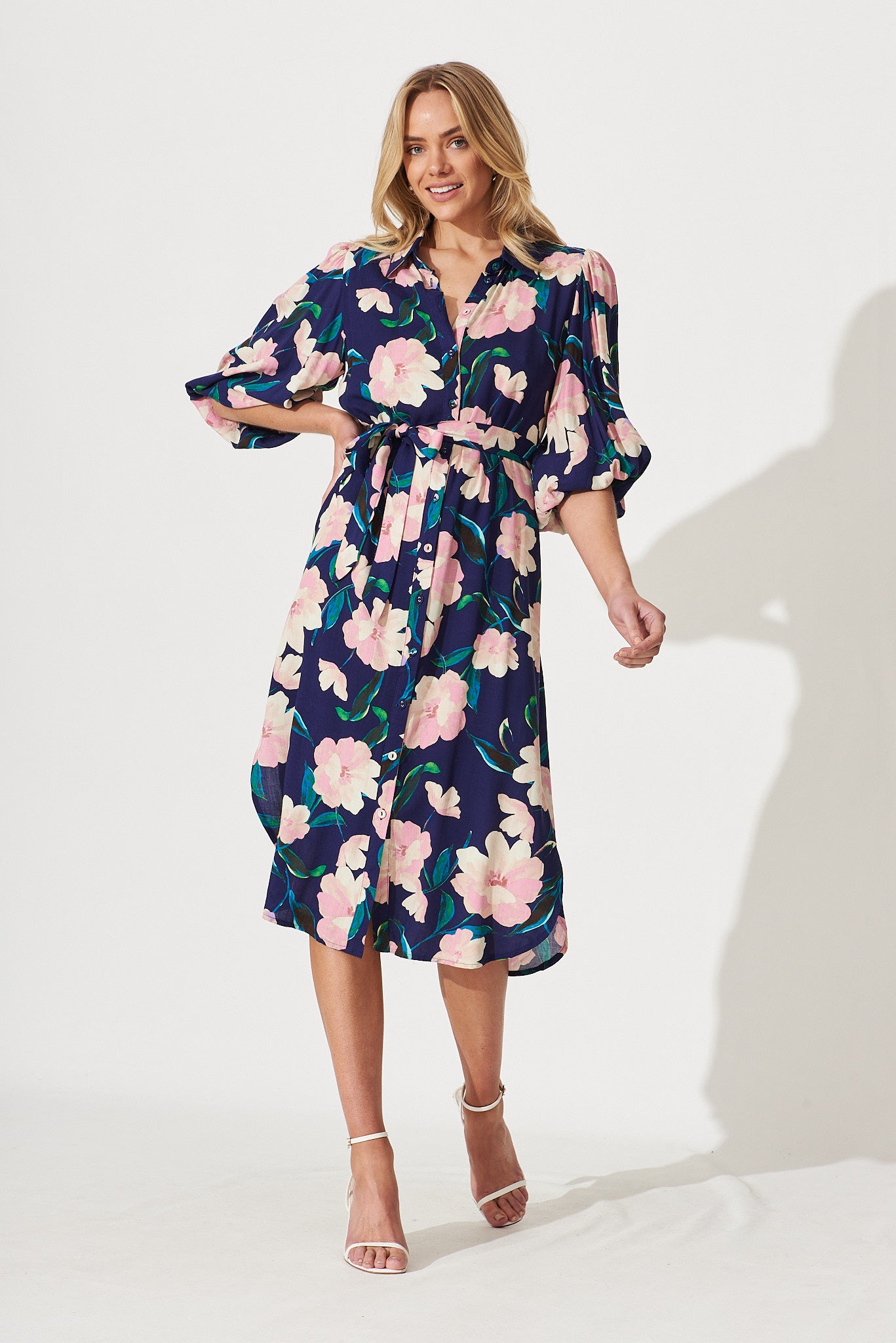Francy Midi Shirt Dress In Navy With Blush Floral - full length