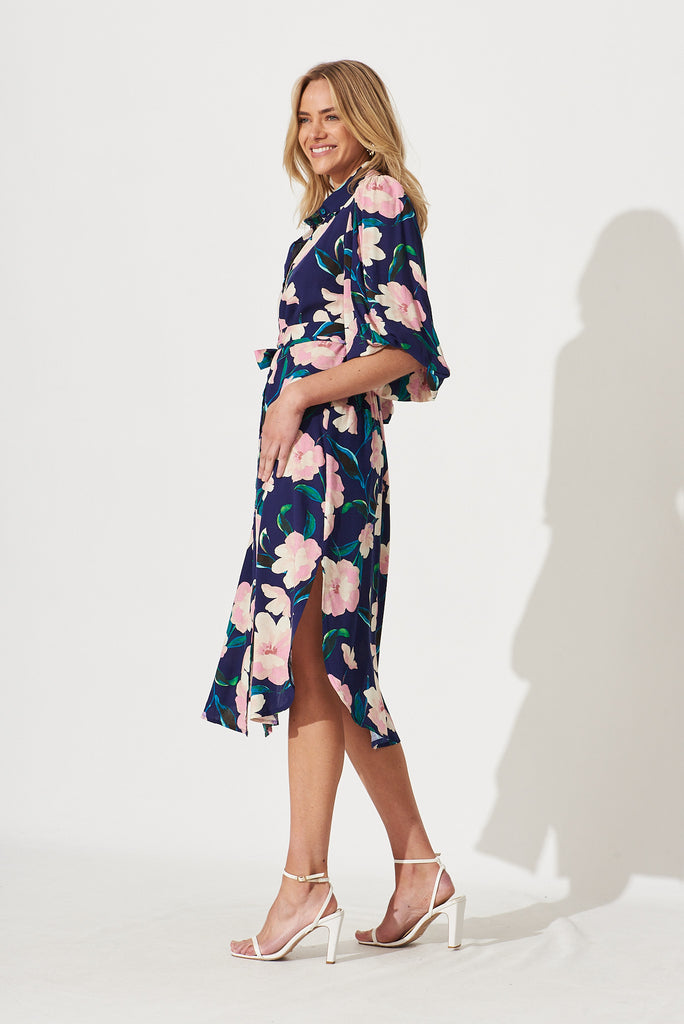 Francy Midi Shirt Dress In Navy With Blush Floral - side