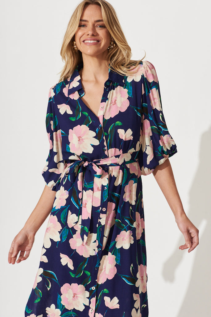 Francy Midi Shirt Dress In Navy With Blush Floral - front