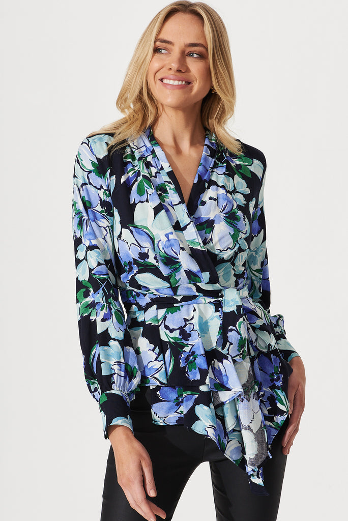 Wanda Wrap Top In Black With Blue Floral Print - front