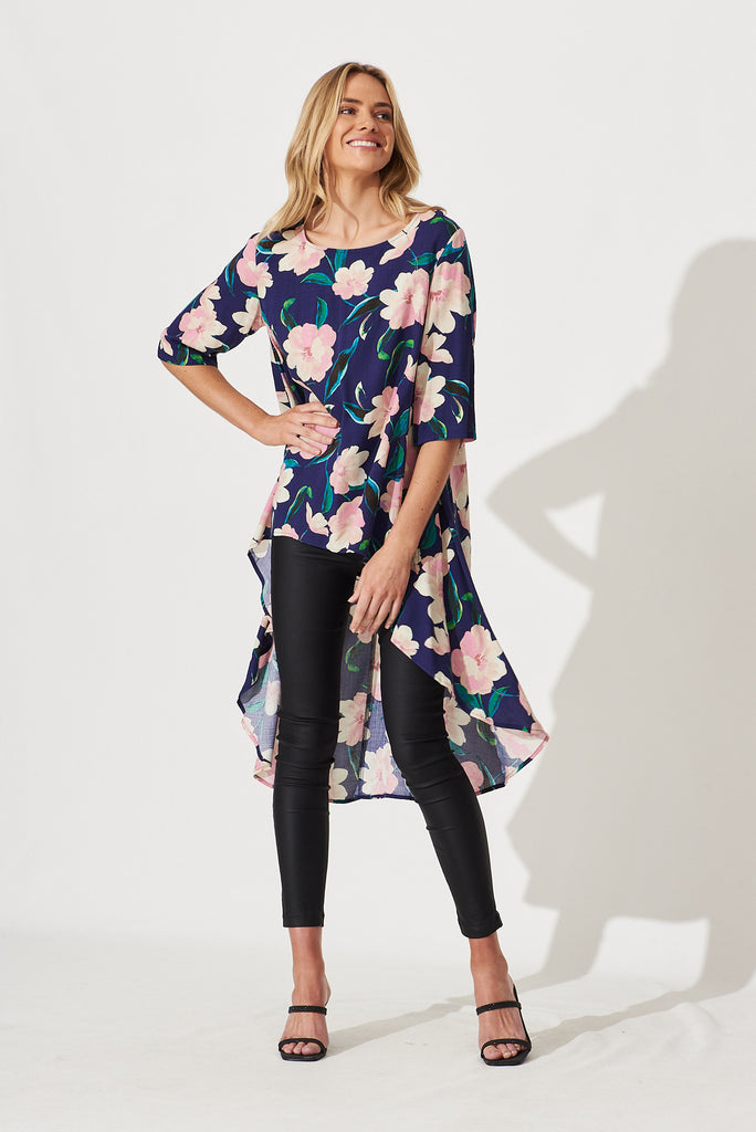 Give Love High Low Top In Navy With Blush Floral - full length