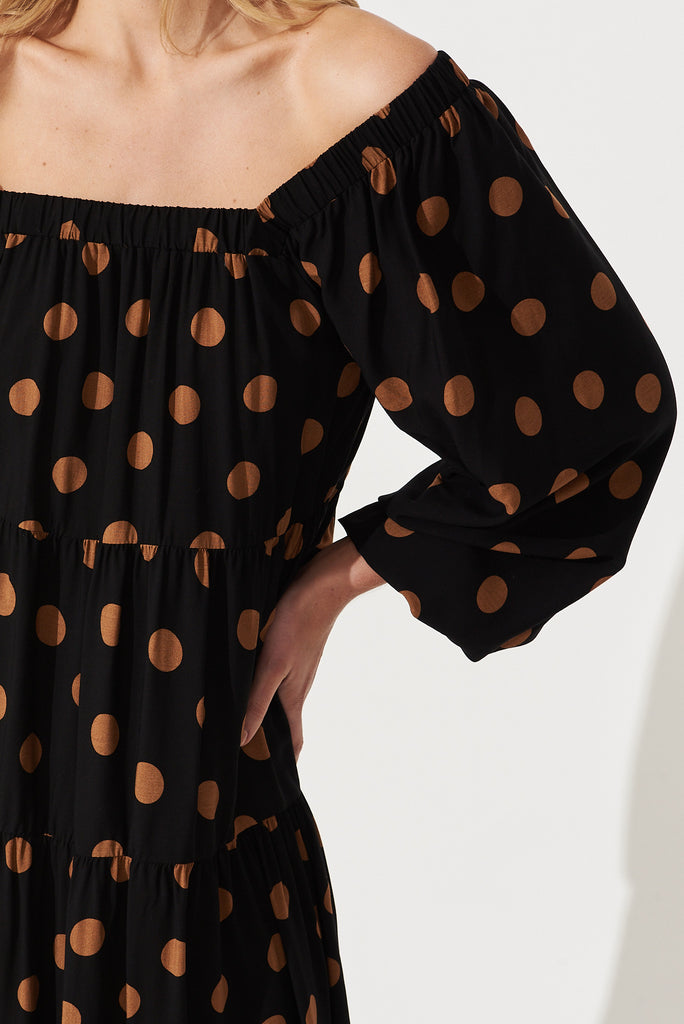 Noni Smock Dress In Black With Brown Polka Dot - detail