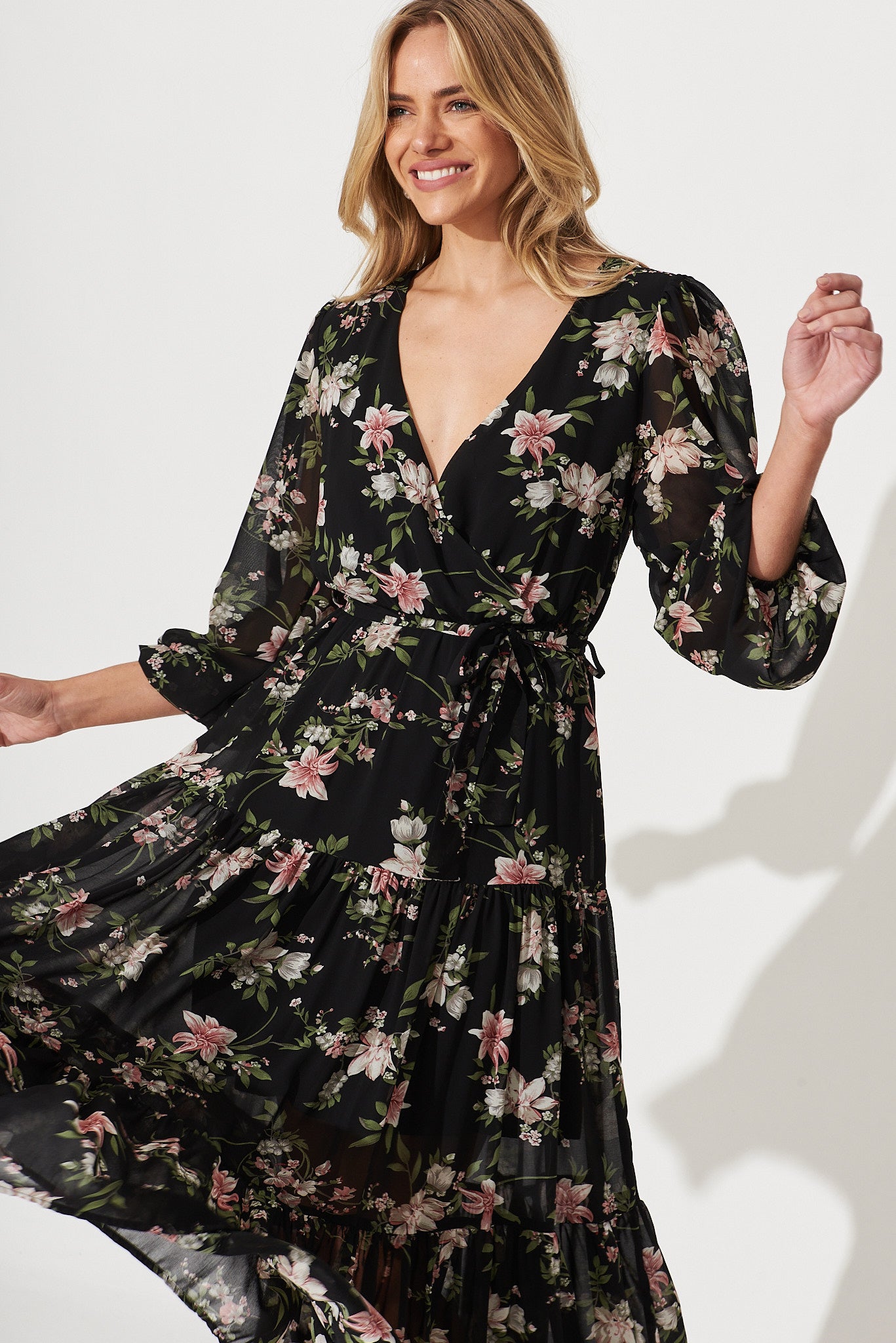 Alexis Maxi Dress In Black With Pink Floral Chiffon – St Frock