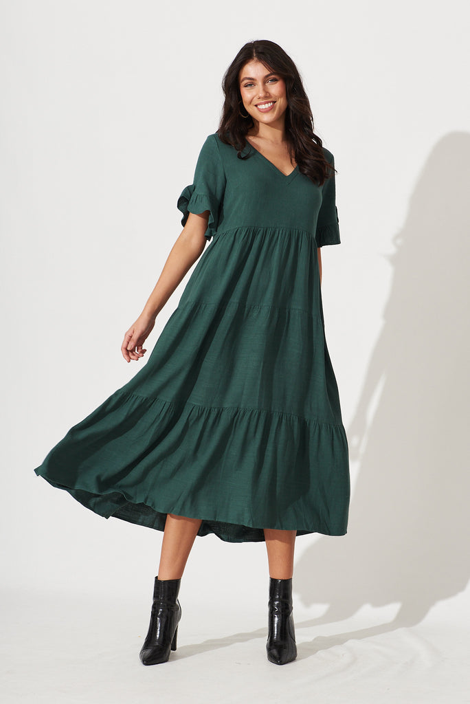 Kristen Midi Dress In Green Linen Blend - full length