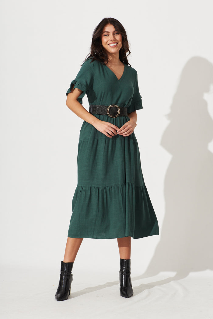 Kristen Midi Smock Dress In Green Linen Blend St Frock Kristen Midi Smock Dress In Green Linen Blend St Frock