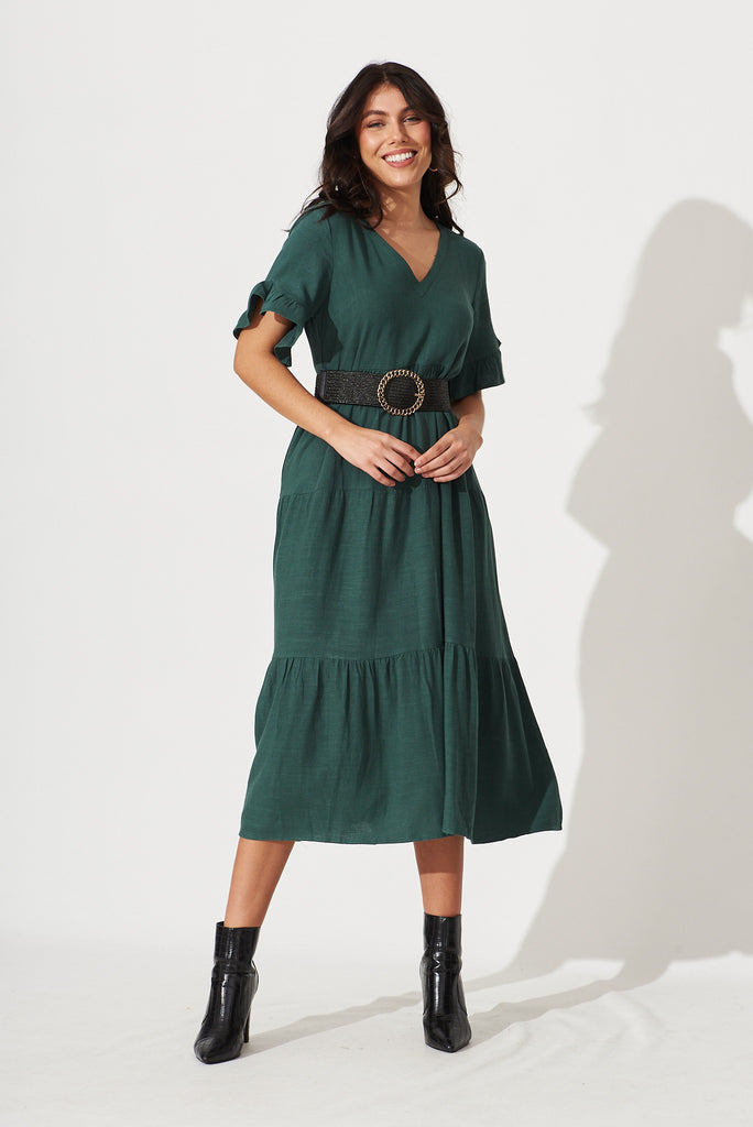 Kristen Midi Dress In Green Linen Blend - full length