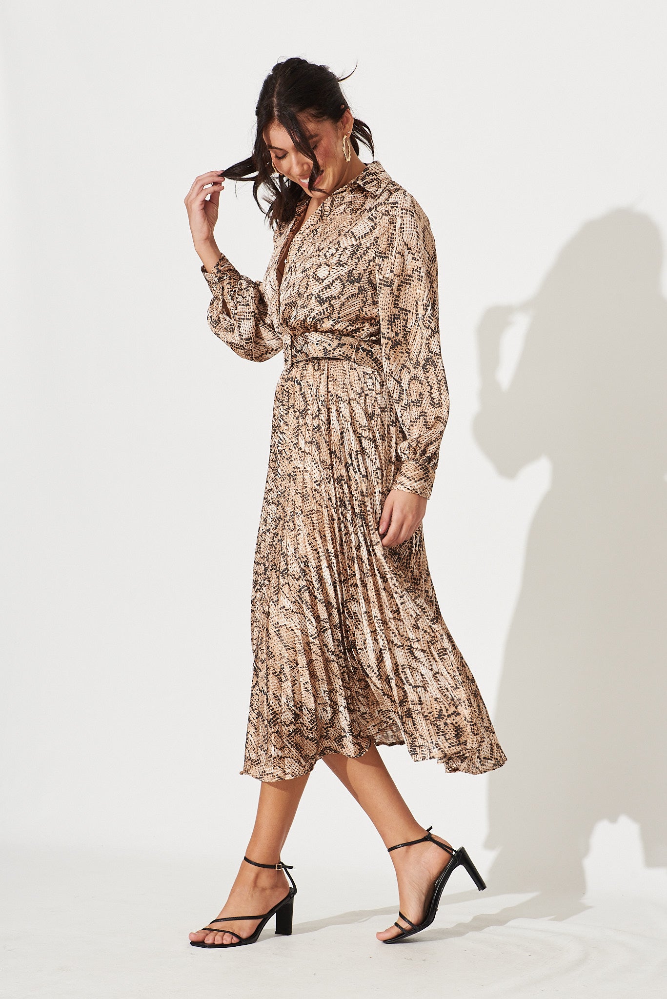 Cyrus Midi Dress In Brown Snake Print Satin St Frock