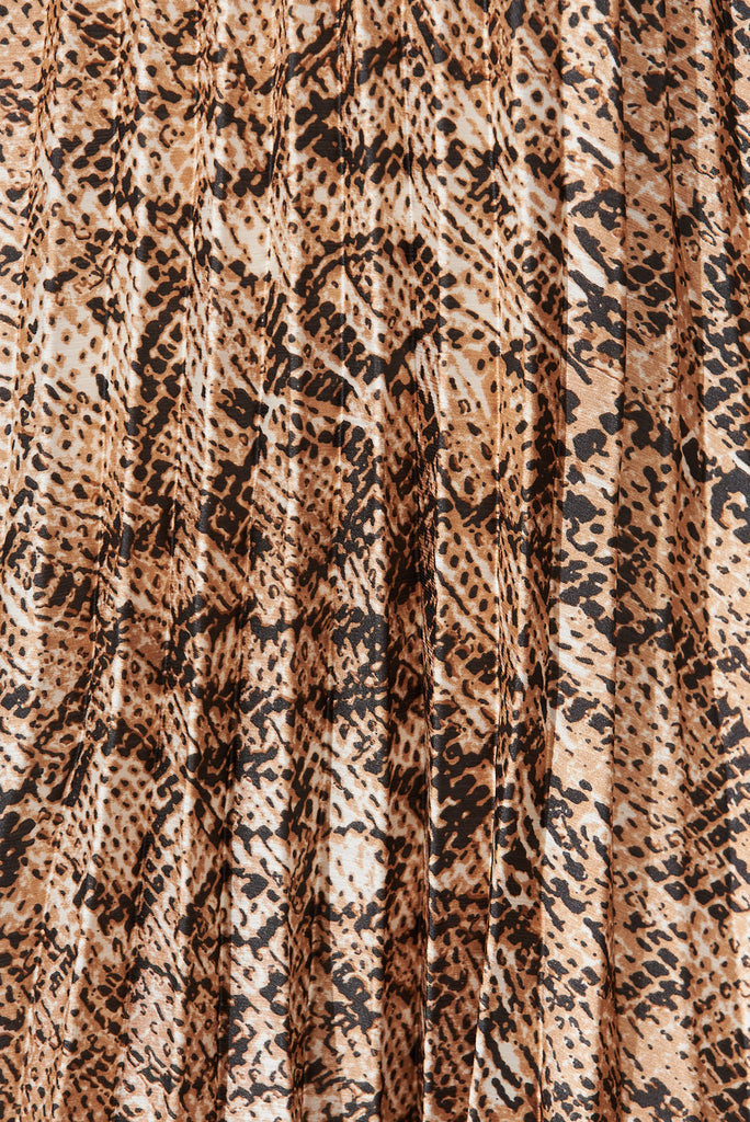 Cyrus Midi Dress In Brown Snake Print Satin - fabric