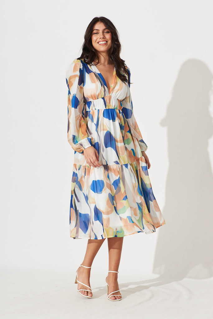 Brenda Midi Dress In White With Rust And Blue Print Chiffon – St Frock